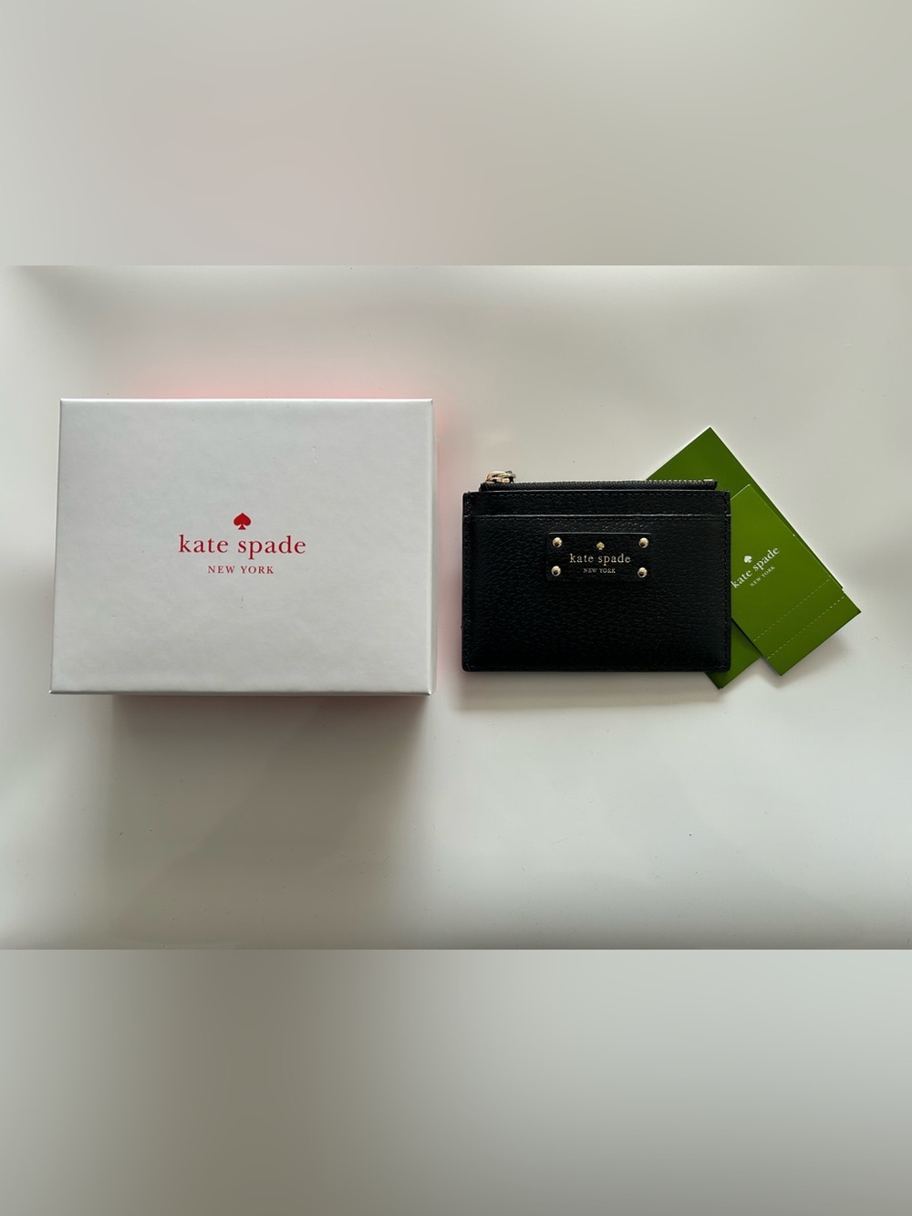 kate spade Black Leather Zip Card Pouch with Gold Plaque